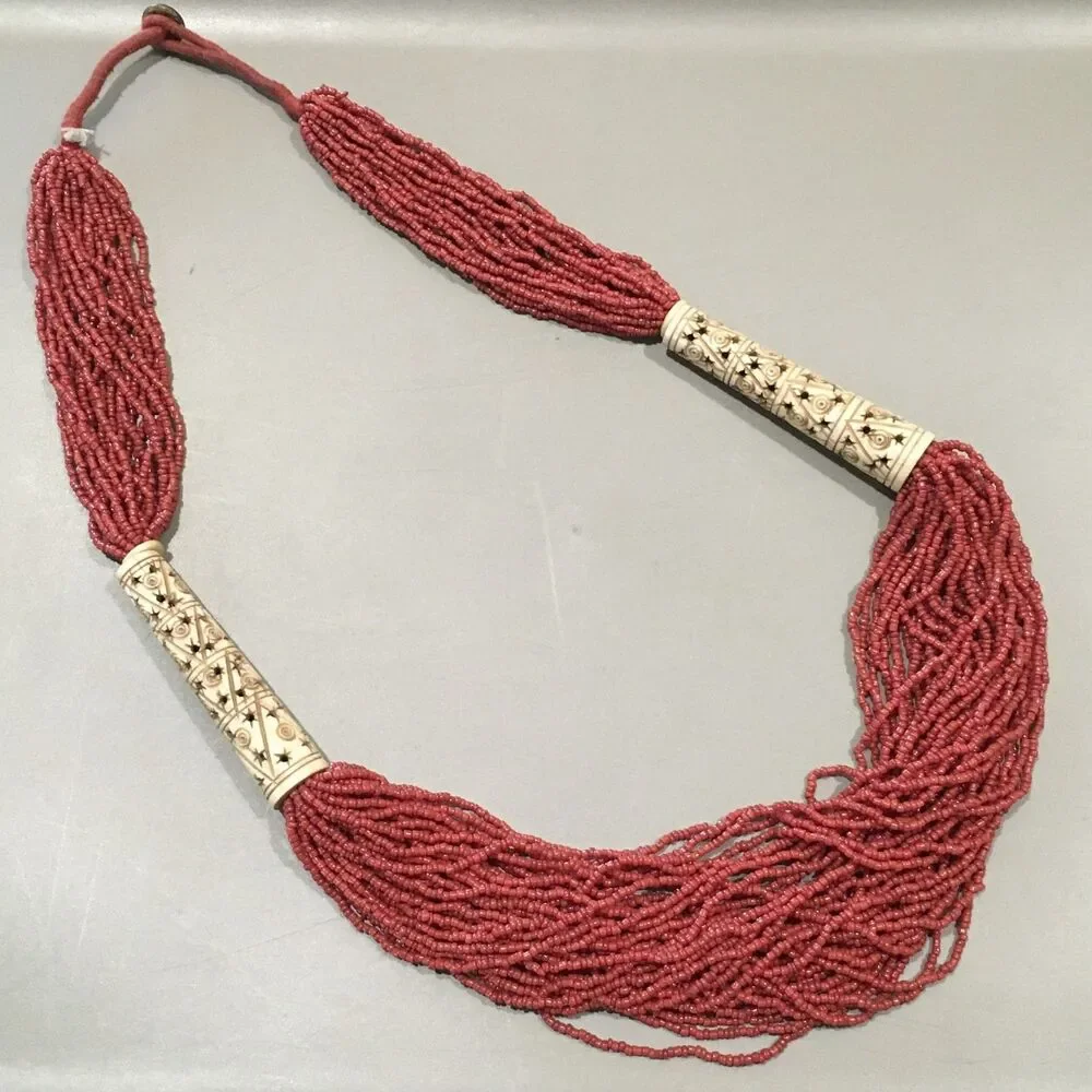Vtg Coral Color Necklace Multi Strand Seed Beads Tubular Chunky Tribal 20”
